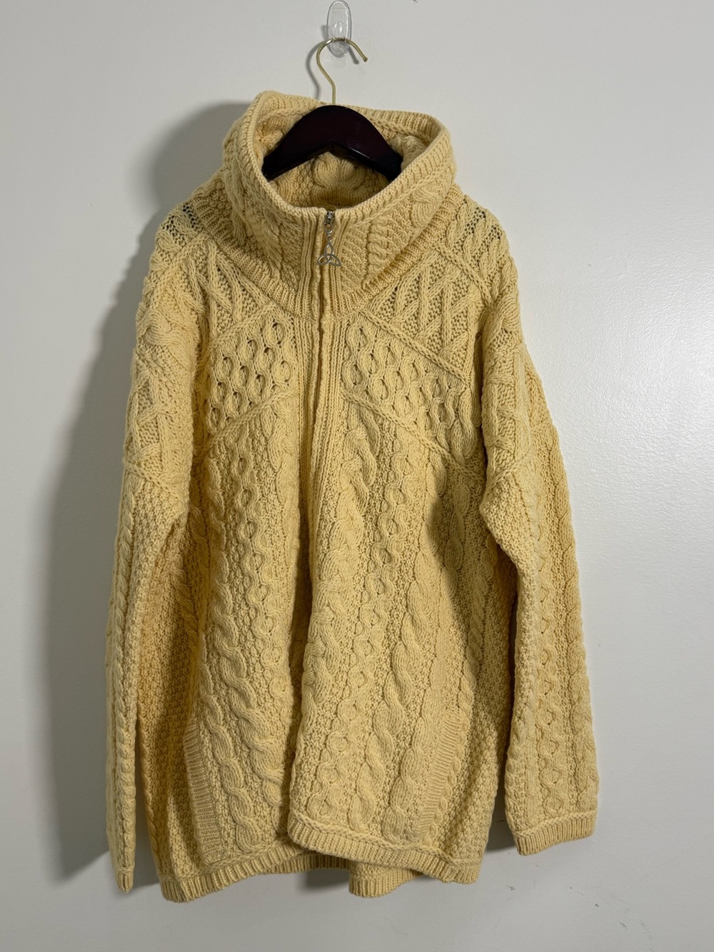 Aran Crafts Ireland 100% Merino Double Collar Zip Merino Cardigan Butter Yellow